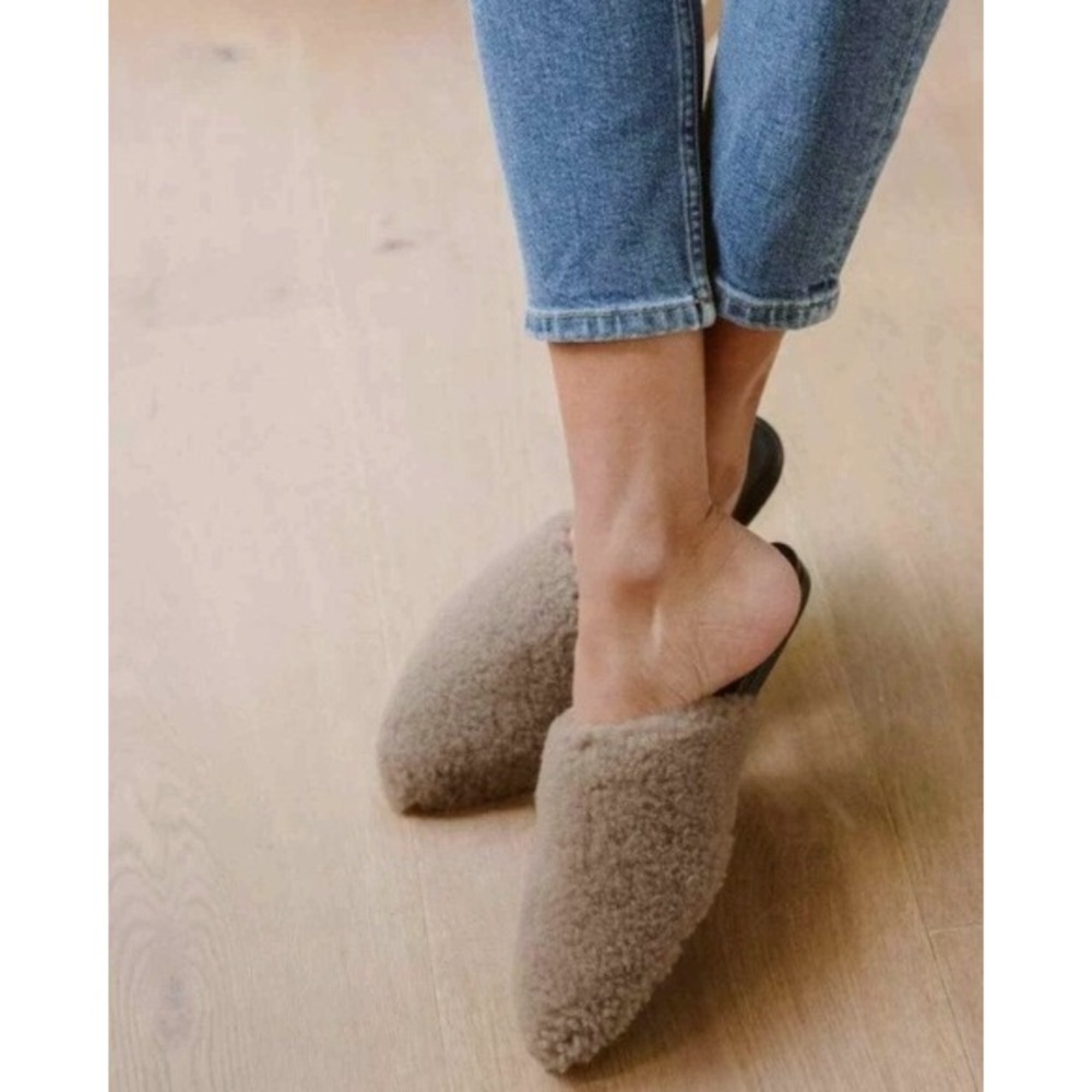 Jenni Kayne Shearling Mule Slippers Camel Tan Pointed Toe Leather Slides Womens - Picture 2 of 8